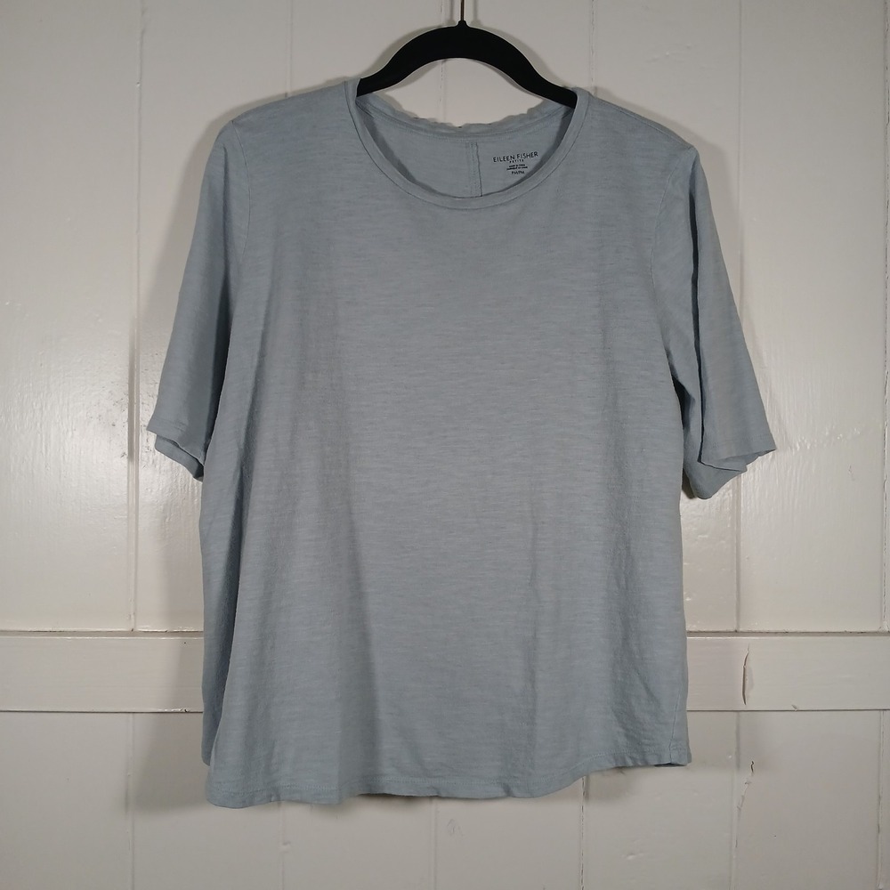 Eileen Fisher Shirt Women's PM Blue Organic Cotton Short Sleeve Tee Curved Hem
